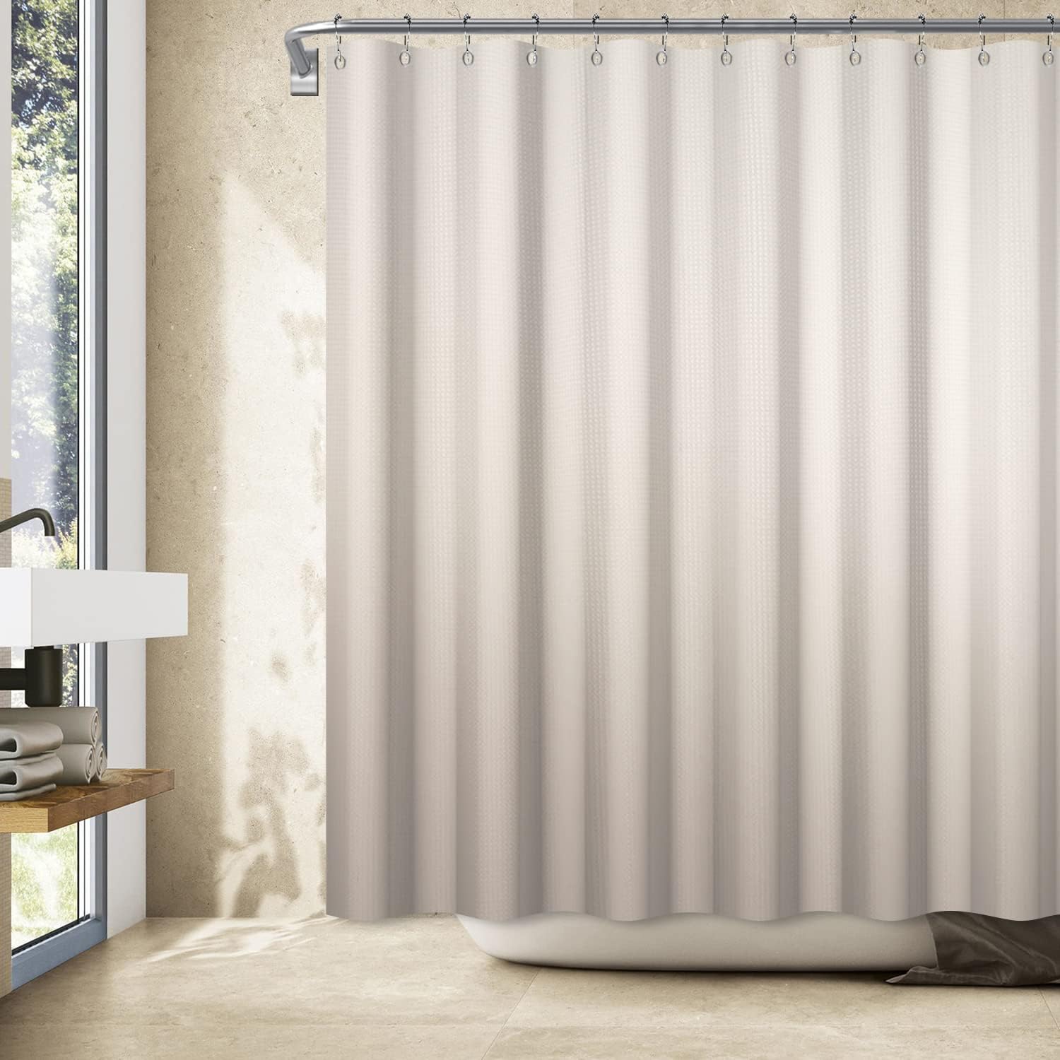 Beige Gradient Shower Curtain Sets for Bathroom Waffle Textured Heavy Duty Thick Shower Curtains for RV Waterproof Polyester Fabric Bathtub Curtain with Stainless Still Hooks 72x72 inches