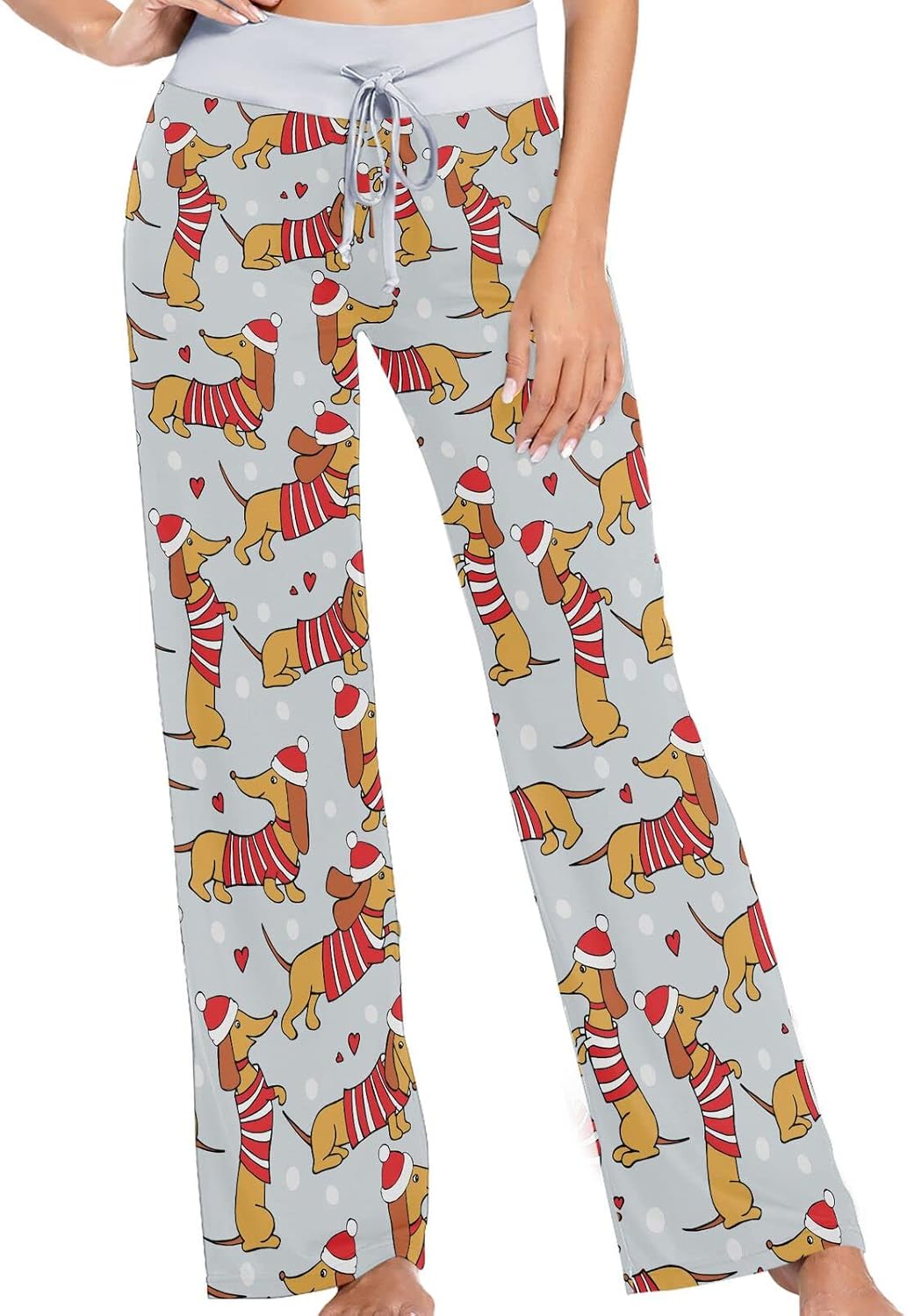 Christmas Cute Dachshund in Santa Hats Womens Comfy Drawstring Lounge Pajama Pants Wide Leg Sleepwear Bottom L