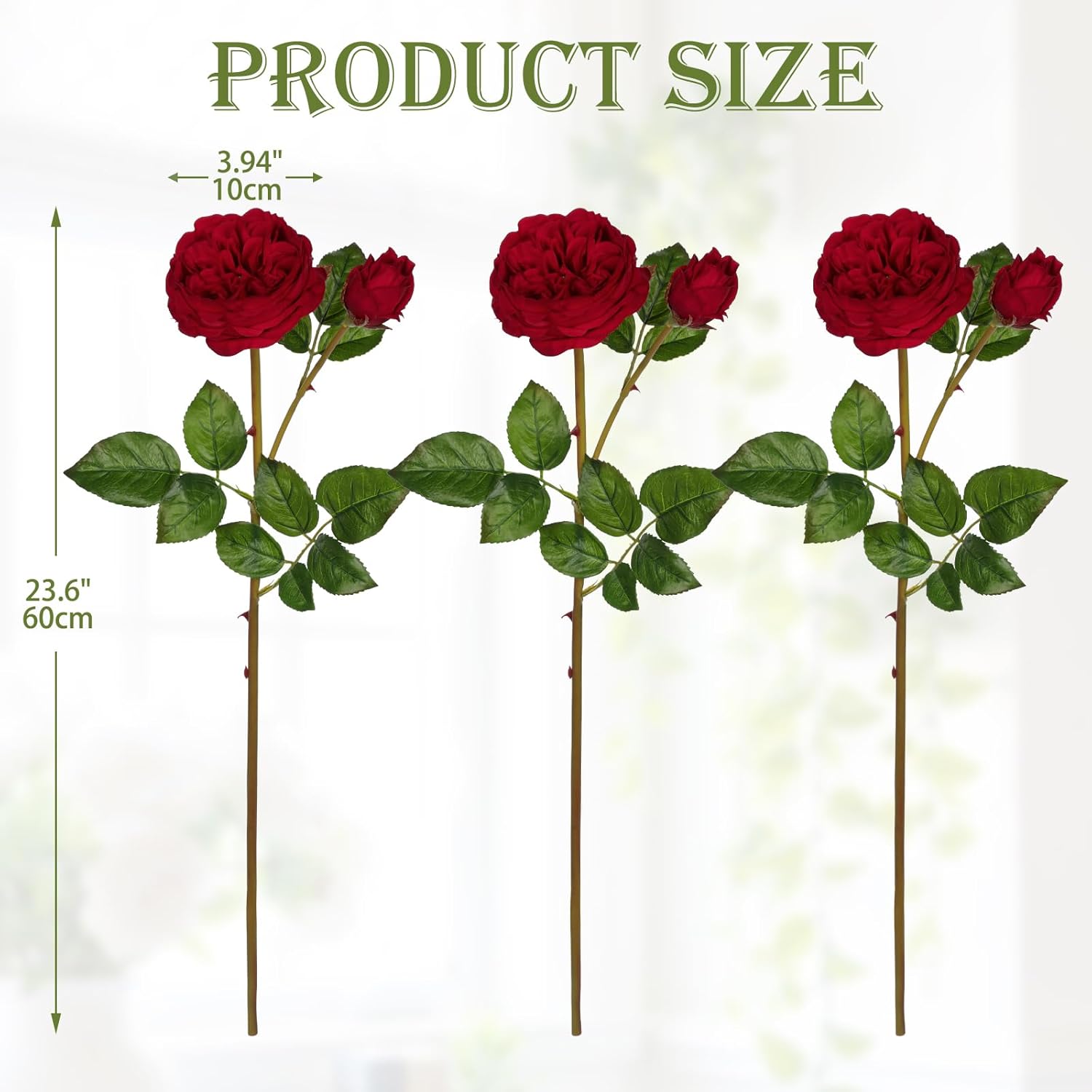 Real Touch Artificial Roses (Set of 3) – 23.6" Long Stem Red Garden Roses – Lifelike Faux Silk Flowers for Wedding Bouquets, Home Décor, Centerpieces & Floral Arrangements