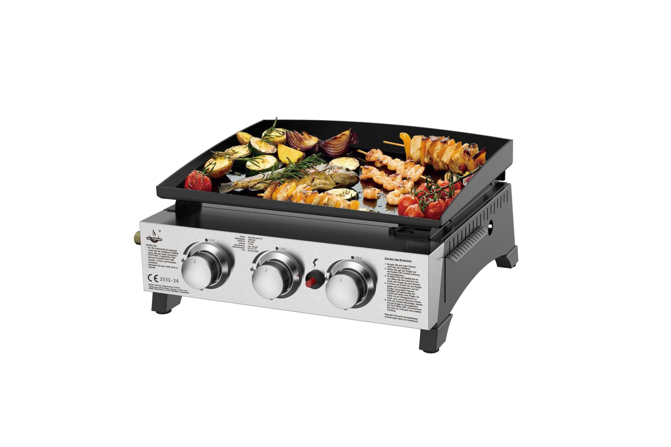 Plancha grill gazowy "AUSTIN III" firmy El Fuego®, 3 główne palniki o mocy 2,5 kW, w zestawie wąż gazowy i reduktor ciśnienia, grill BBQ | AY 4420