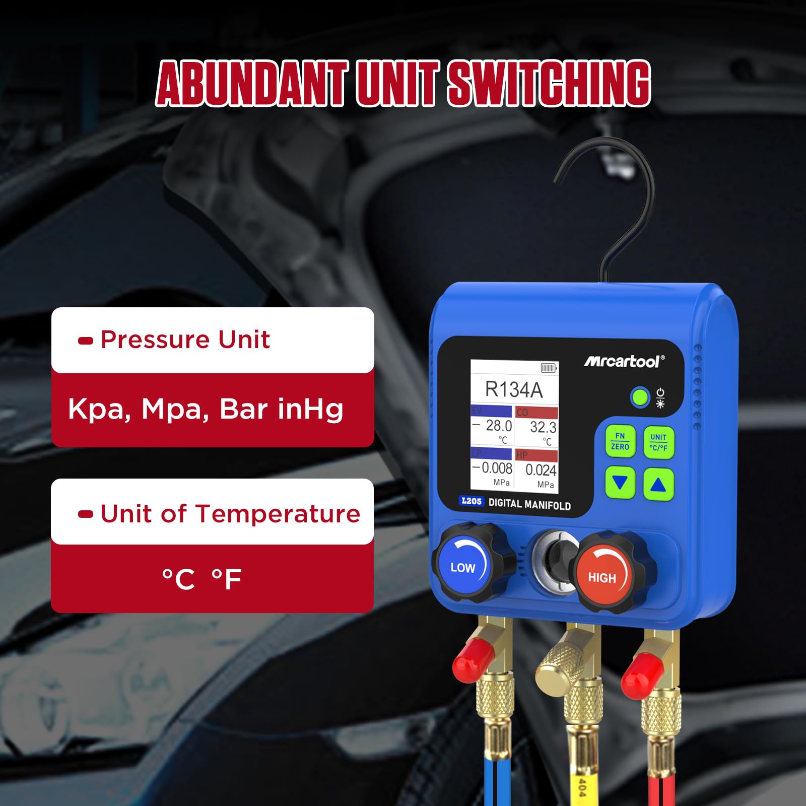 L205 Digitales Kältemittelmessgerät Vakuumpumpe Klimaanlage 92 Kältemittel Daten Manifold Gauge Set Druck-Temperatur-Lecktester für HVAC Kältetechnik R134A R32 R410