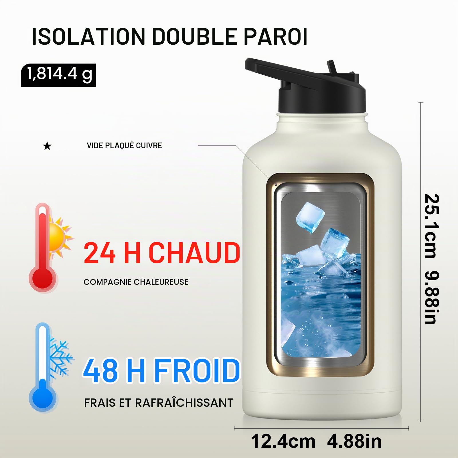 WATERSY 64oz Gourde d'eau isotherme en acier inoxydable avec 2 couvercles, étanche (couvercle à paille et couvercle à bec verseur), garde les boissons froides pendant 24 heures - Pour le sport 1890ML