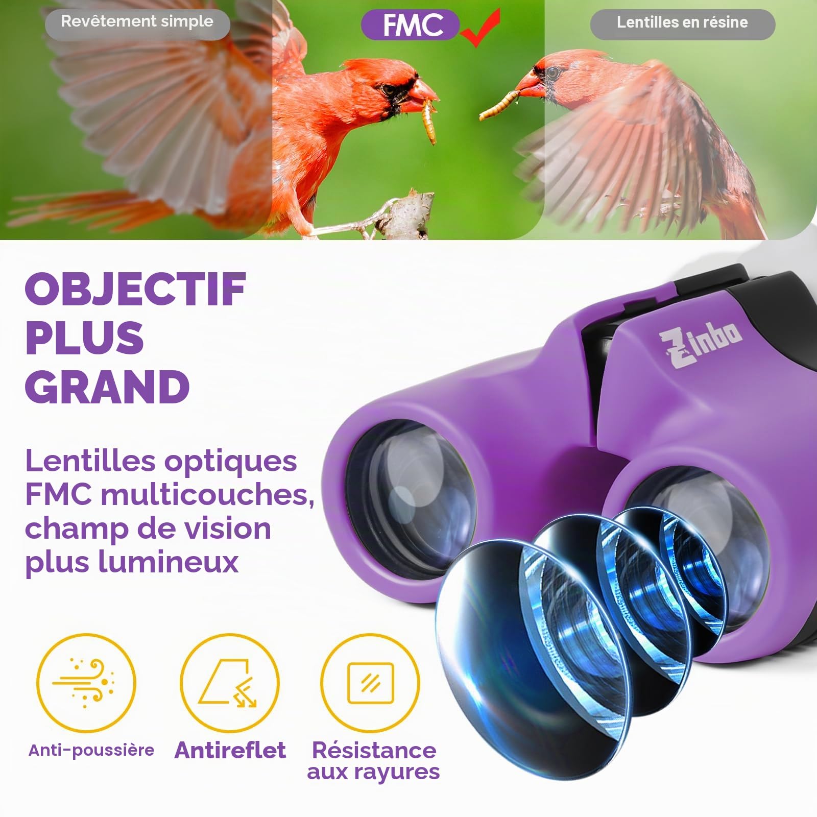 Jumelles pour Enfants 8x21 Haute résolution avec loupe et Boussole sifflet, Jumelles pour Enfants de 3 à 12 Ans, garçons et Filles en Plein air, Voyage, Exploration de la Nature (Violet)