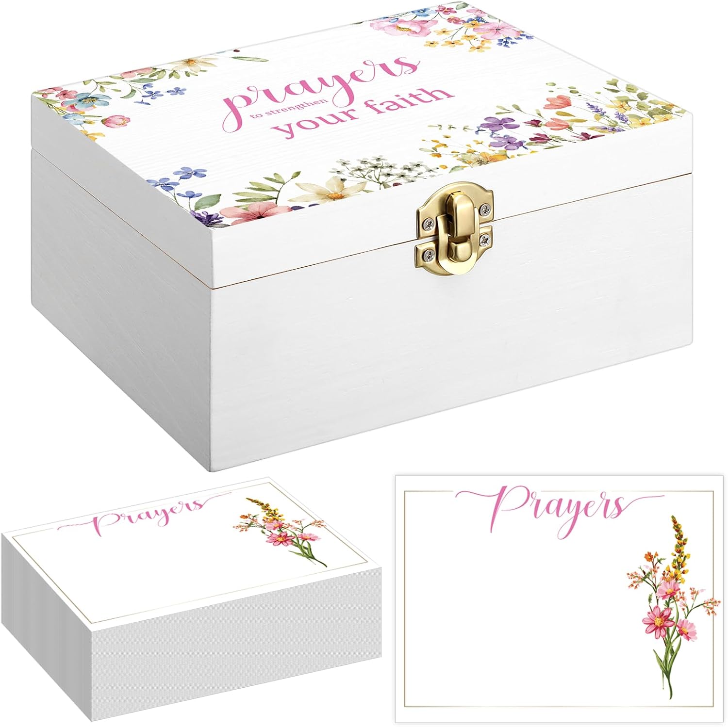 CroBlissful Wooden Prayer Box with Cards Set for Women, Flowers
