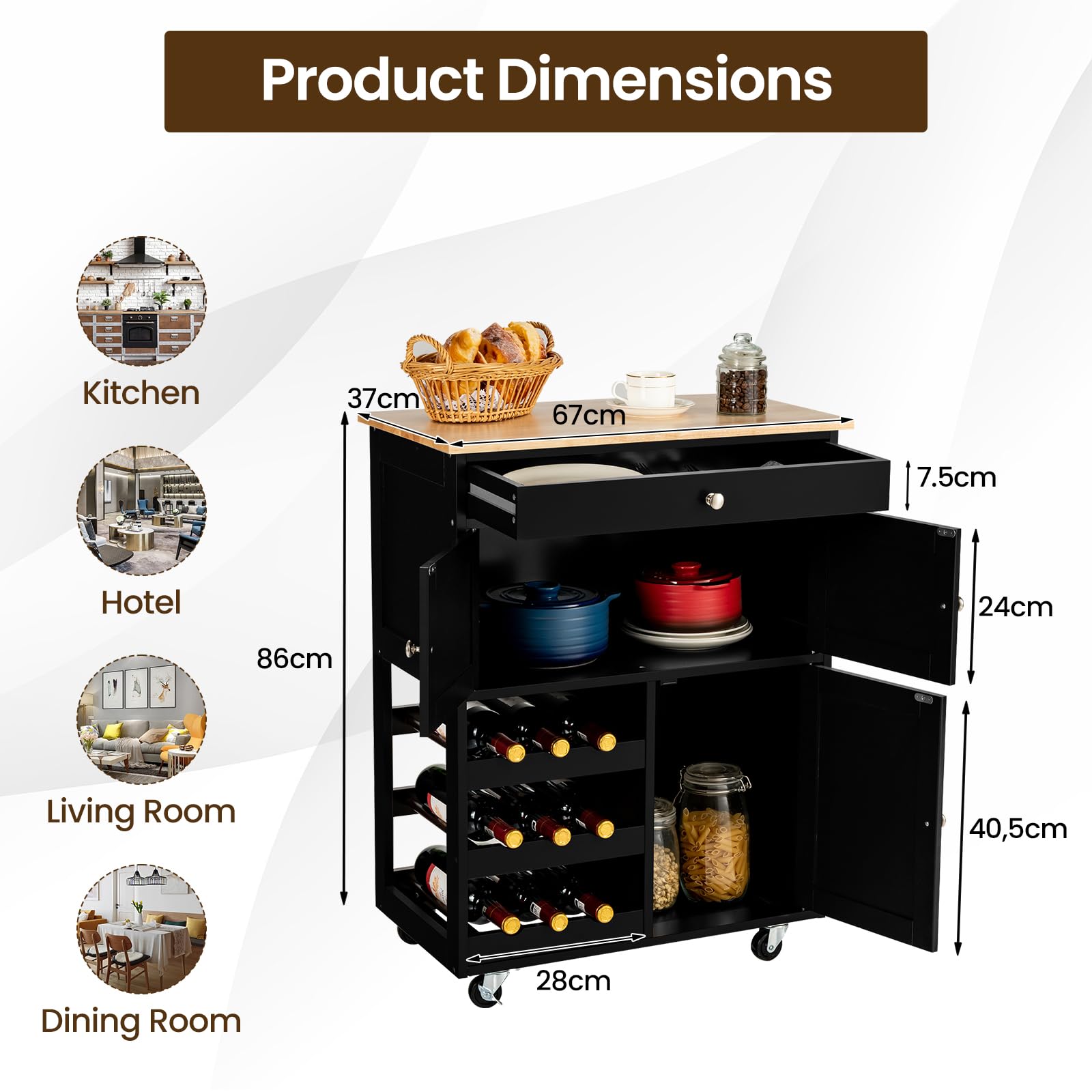 GIANTEX Mobile Kitchen Trolley, Multi-Purpose Single Drawer Trolley, 2 Cabinets and 3-Tier Wine Rack for Dining Room, Living Room, 67 x 37 x 86 cm (White