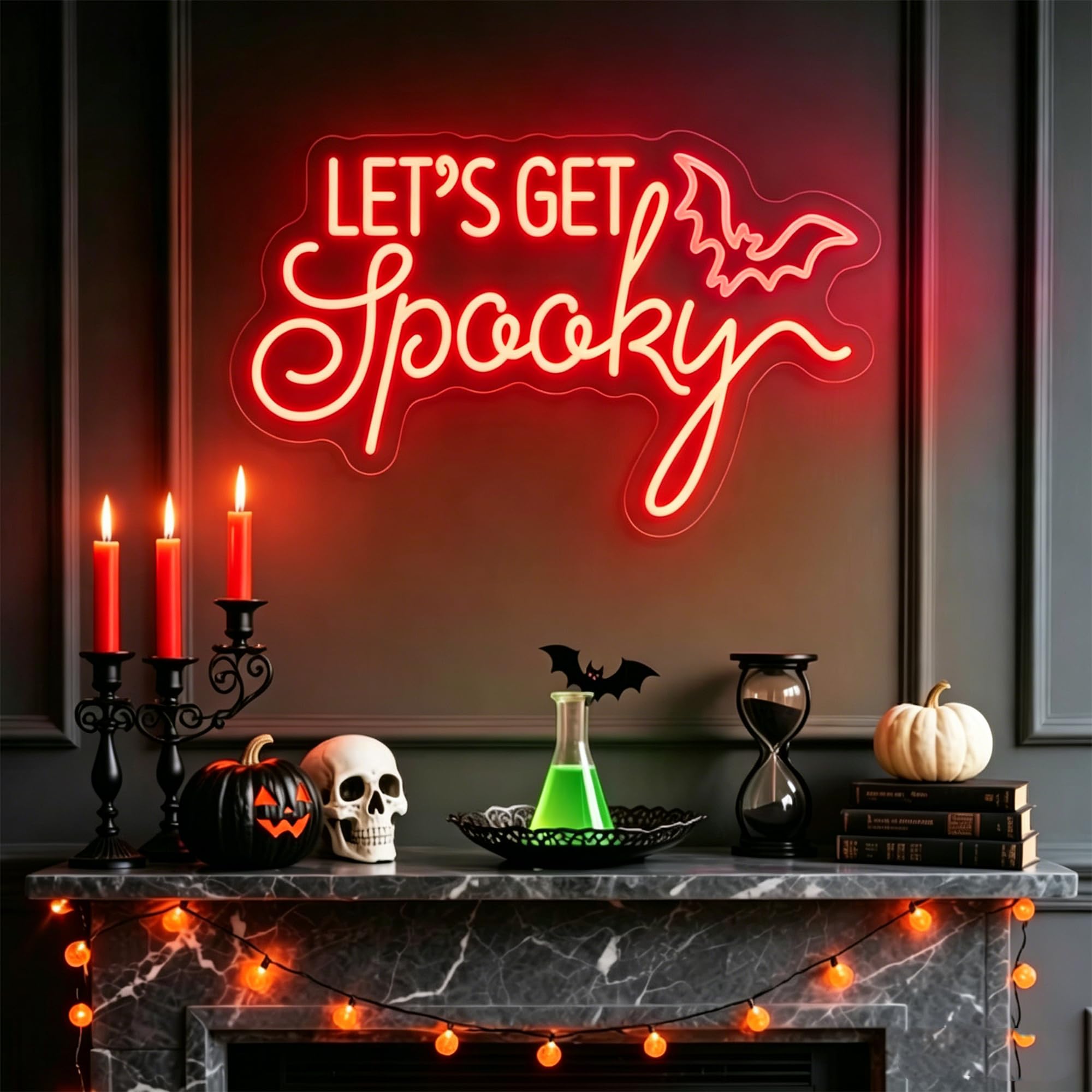 Let's Get Spooky Neon Sign Custom Halloween Signs with Bat, Dimmable LED Spooky Light Signs for Wall Decor Halloween Party, Gothic Room, Bar, Bedroom, Fireplace — image 1