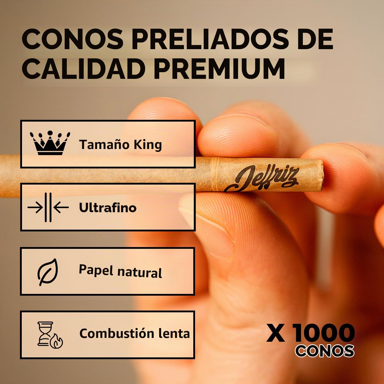 Conos Pre-Enrollados King Size Slim – Pack 1000 | Jeffriz | Papel Natural Para Fumar sin Blanquear 110mm con Filtros | Combustión Lenta | Embudo y Tubo Hermético Anti-Olor Incluidos | Pre Rolled Rolls