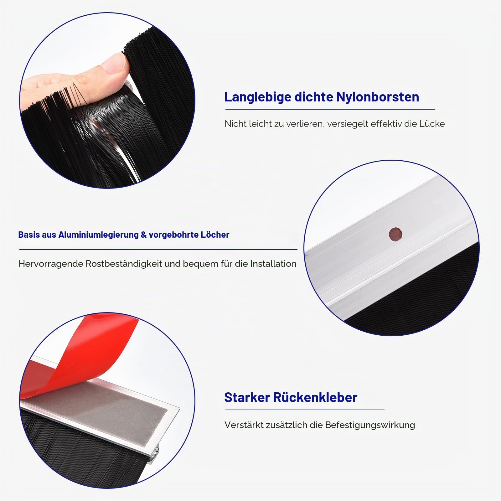 sourcing map Türbesen 2 Stück Türbürste Bürstendichtung Aluminiumlegierungsbasis mit 50mm Nylonbürste Türdichtung für Tür Insektenschutz Schallschutz Kälteschutz (1000mm L x 75mm B, Silber)