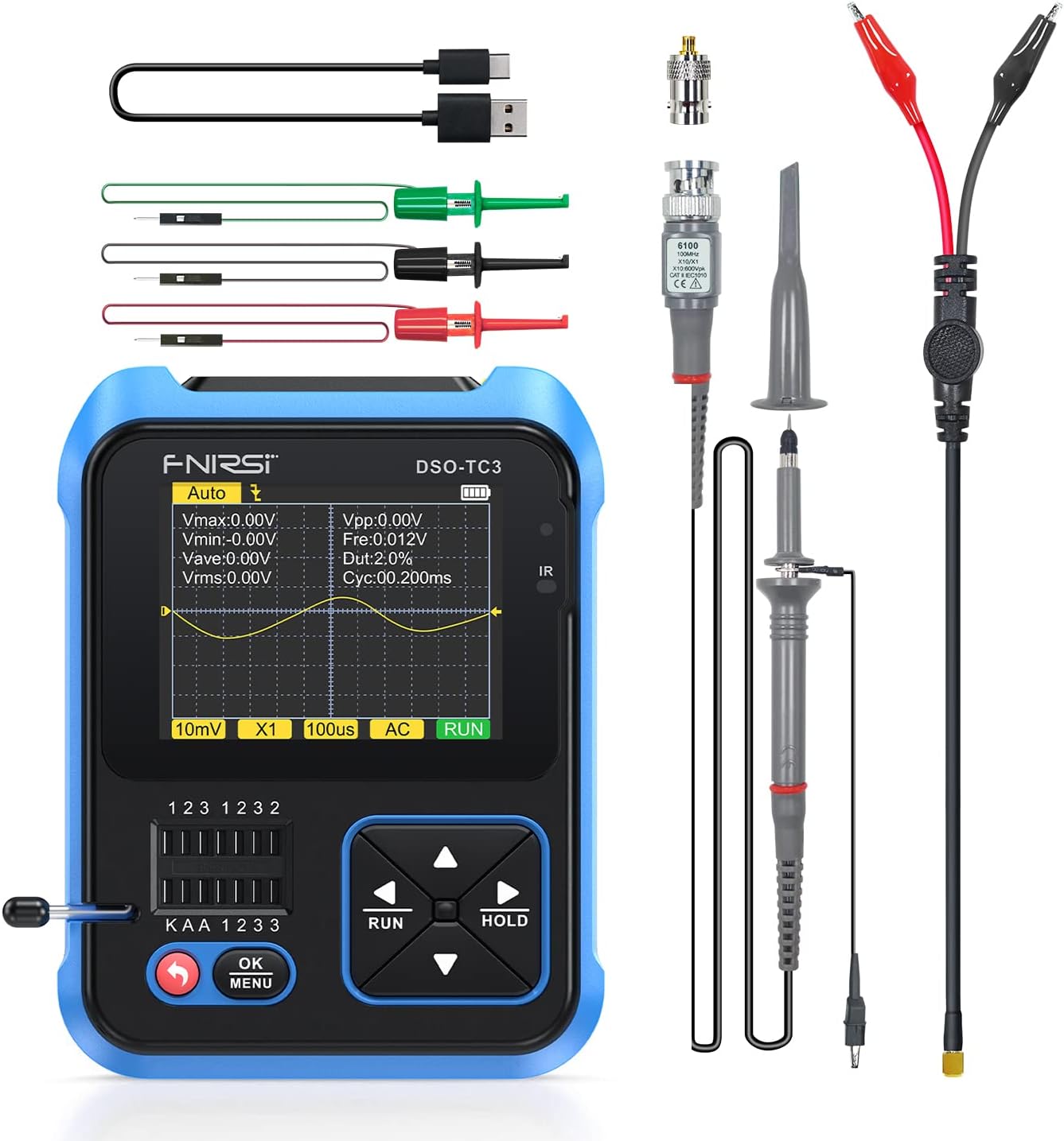 FNIRSI DSO-TC3 Oscilloscope - 3-in-1 Handheld Oscilloscope & DDS Signal Generator & Transistor Tester, 500Khz Bandwidth 10MSa/s Sampling Rate, 6 Types of Waveforms, Transistors Measure
