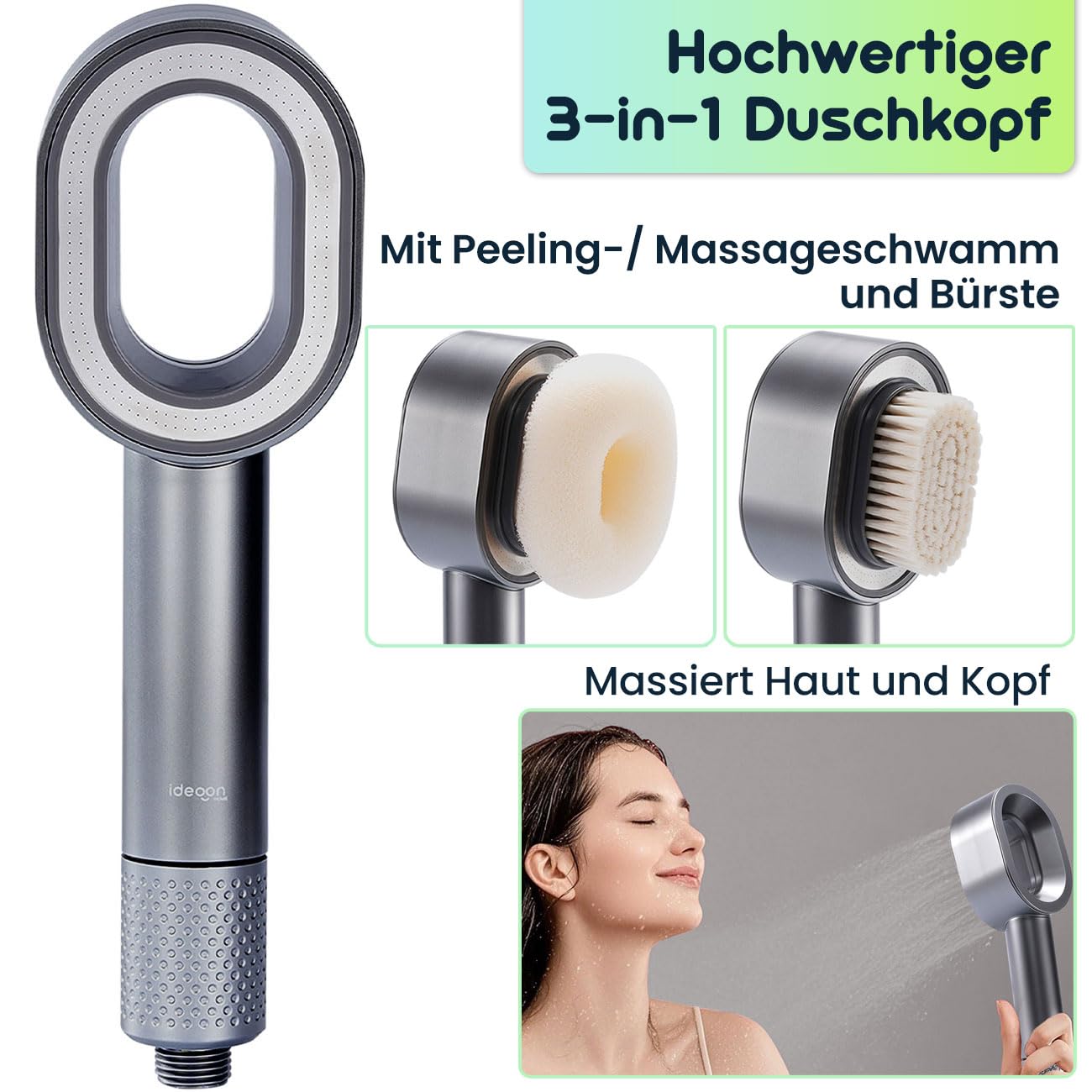 ideoon Duschkopf mit Filter 3-in-1 Wasserspar - Inkl. Bürste & Schwamm - 2 x Premium-Wasserfilter - Eleganter Duschkopf zum Wasser sparen & filtern