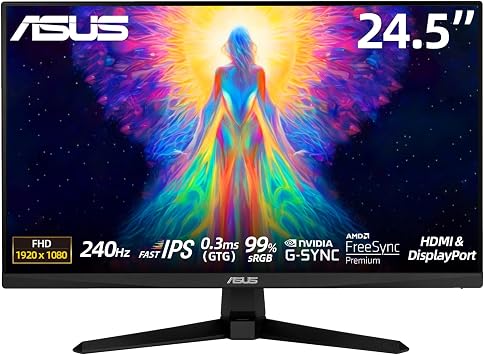 ASUS TUF 24.5" Gaming Monitor, FHD 1080p, Fast IPS, 240Hz, 0.3ms, AMD FreeSync Premium, G-SYNC Compatible, 99% sRGB, ELMB Sync, DisplayPort, HDMI, Eye Care, DisplayWidget, Gaming AI, Tilt Adjustment