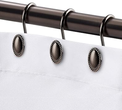Metal Shower Curtain Hooks, Oil-Rubbed Bronze Rustproof Decorative Shower Curtain Rings for Bathroom, Curtain Hooks for Shower Liner, 12Pcs