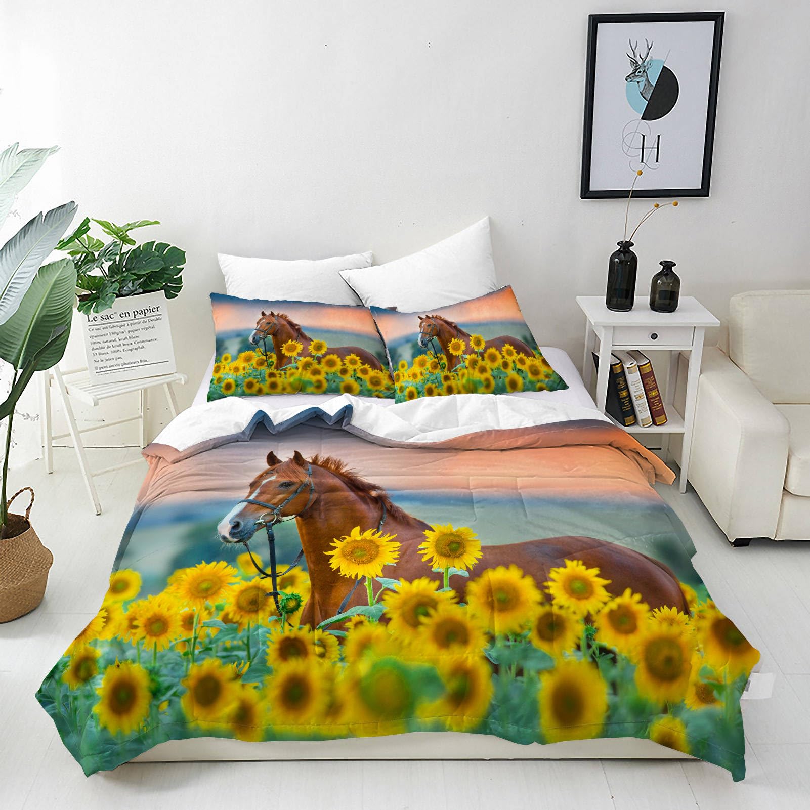 ANHOPE Horse Duvet Cover Set Soft Lightweight Microfibre 3 Piece Bedding Set with 2 Pillowcase Rustic Theme Horse & Yellow Sunflower Print Pattern All Season Quilt Cover with Zipper Closure Super King โ image 1