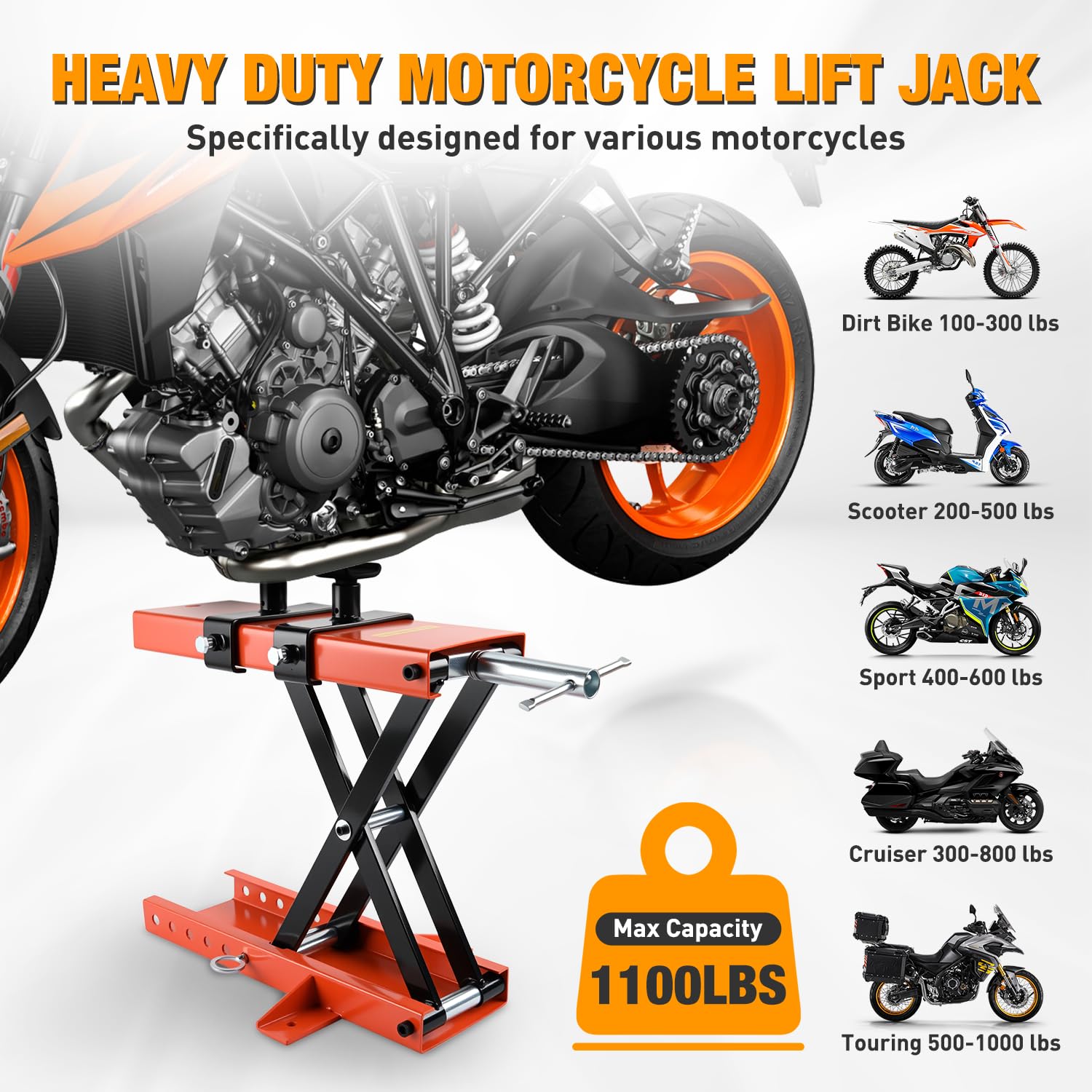 Nilight Sollevatore per Moto 1100 LBS Martinetto a Forbice con Selle Perno di Sicurezza Manovella 3.7"-15.7" in Acciaio per Moto ATV Cross, Arancione