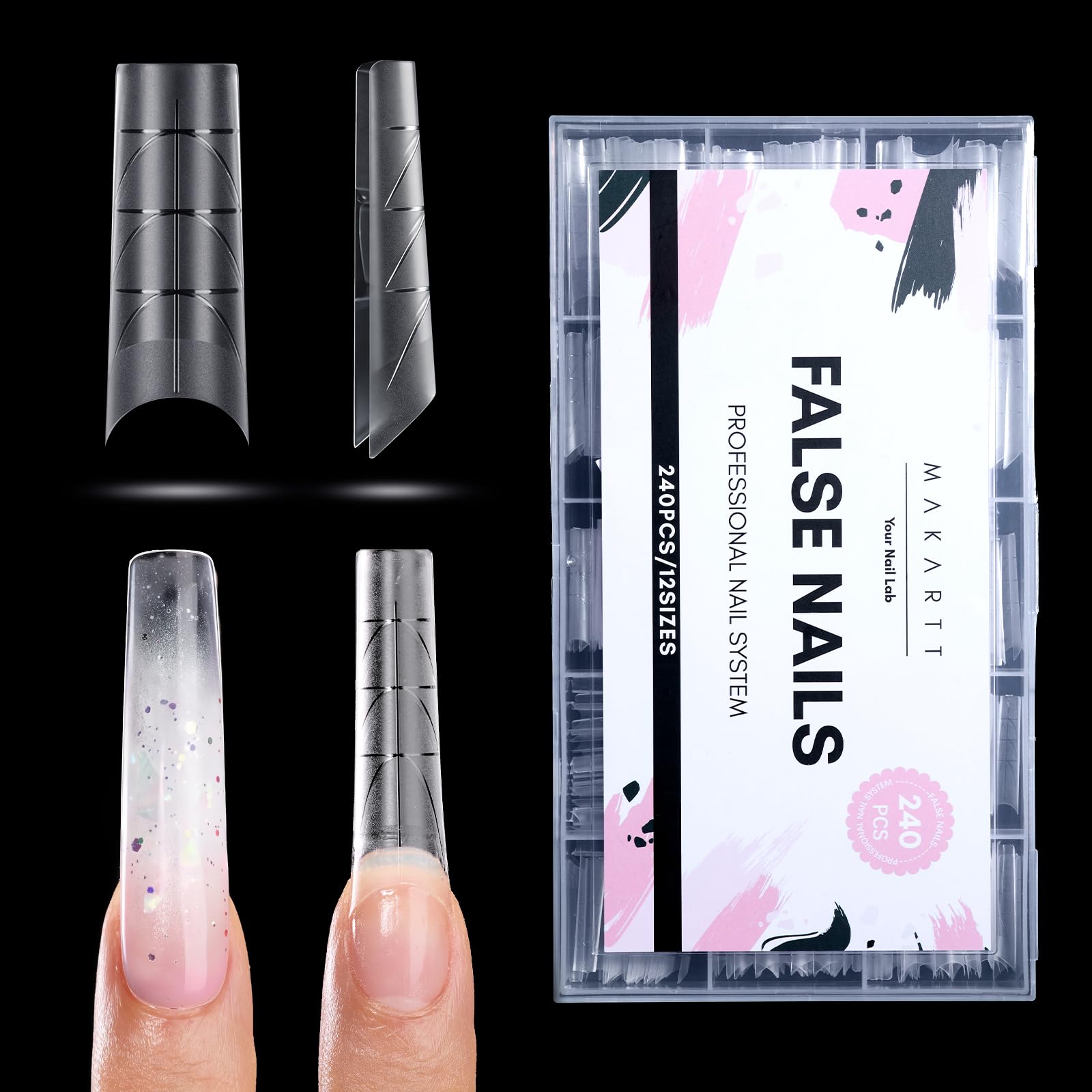 Makartt XL Tapered Square Nail Tips with Alignment Guides, Half Cover Fake Nails, Natural C Curve, Matte Clear Straight Nails for Extension, Nail Art Design Manicure Salon Home DIY, 240pcs 12 Sizes 240 PCS-XL Tapered Square