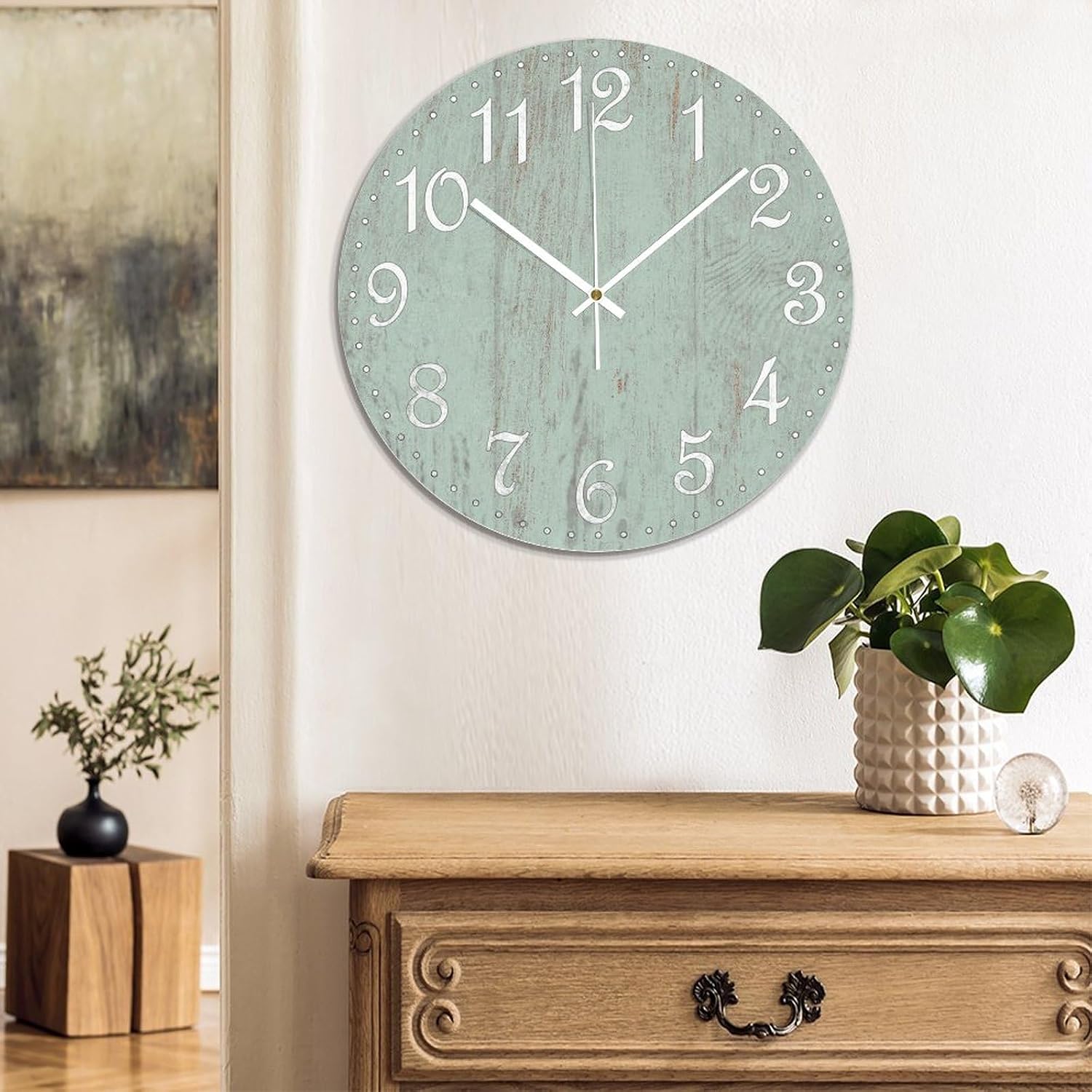 Wall Clock Silent Non Ticking Wooden Clocks Seafoam Green Clock Battery Operated 15in, Round Farmhouse Clock, Rustic Clocks Decor for Home Kitchen Office