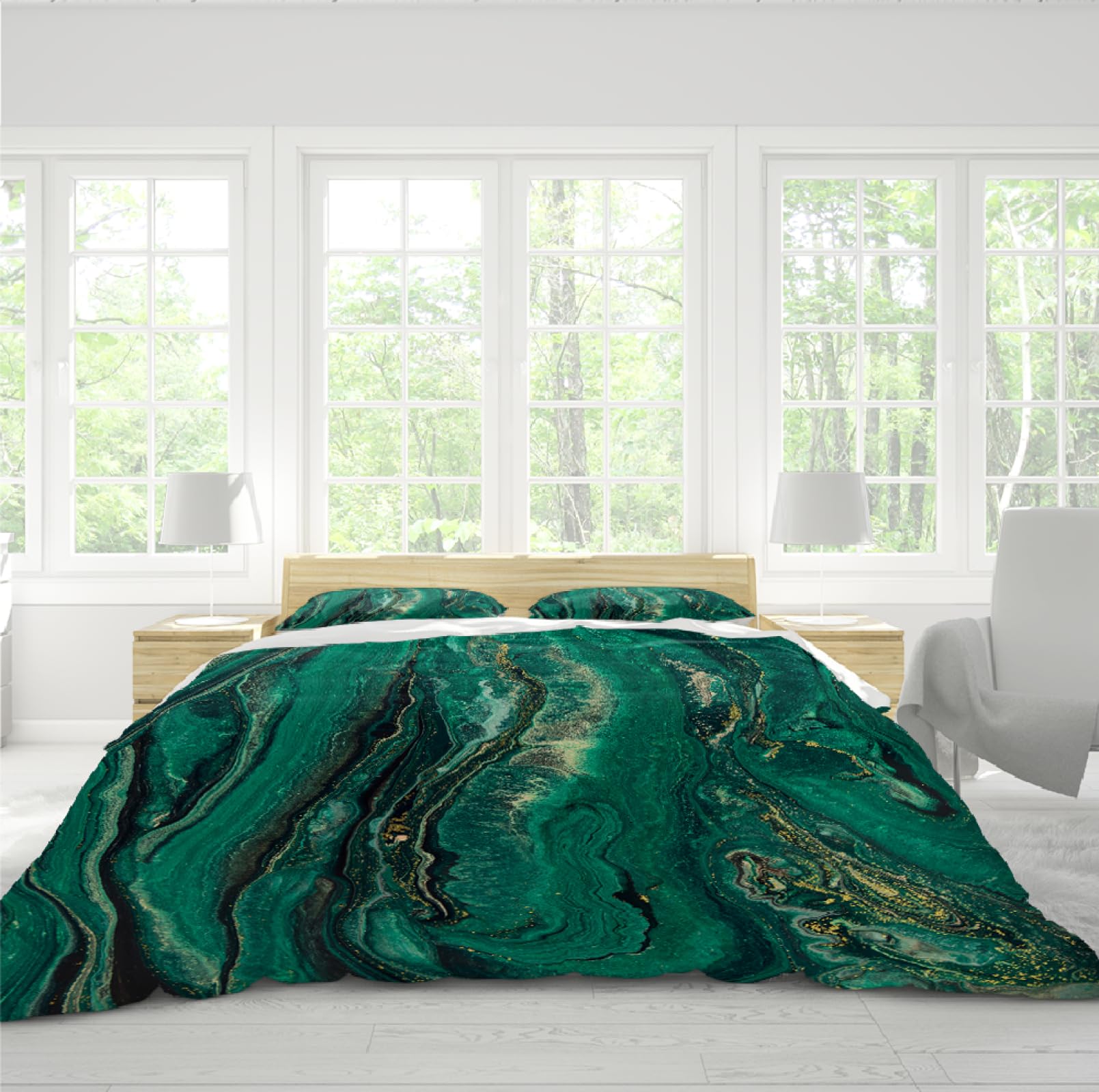 Funda de Edredón Set 3 Piezas Vórtice Geológico Verde Abstracto Juego de Ropa de Cama de Dormitorio con Textura Geométrica con 2 Almohadas Shams 4 Lazos Cremallera 230 x 230 cm