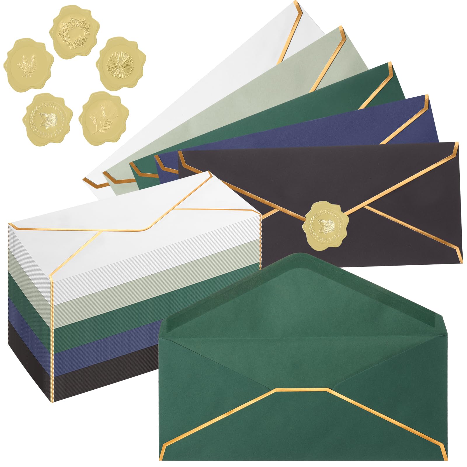 Jetec 100 Pcs Colorful Business Mailing Pretty Envelopes with Gold Border and Stickers Standard Letter Size Envelopes for Christmas Wedding Office