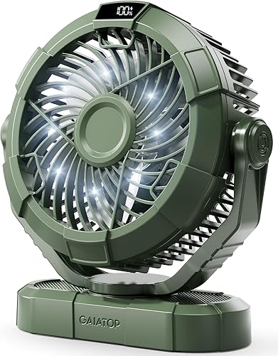 Gaiatop Ventilador portátil de campamento con linterna LED, pantalla de potencia de rotación de cabeza de 360, gancho para colgar para tienda de