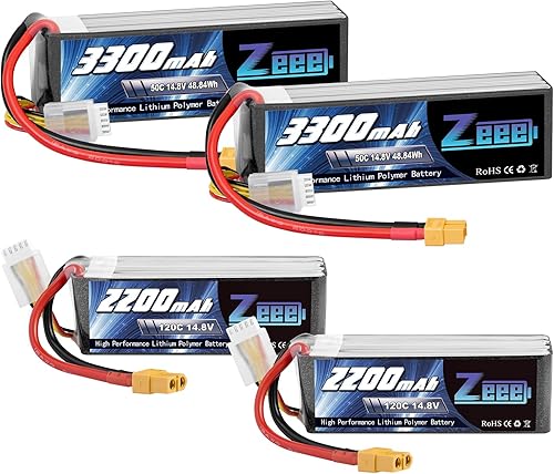 Zeee 4S Lipo Battery 3300mAh 14.8V 50C XT60 Conector 2 unidades con batería Lipo de 14.8V 4S 120C 2200mAh XT60 Conector 2 unidades para helicóptero