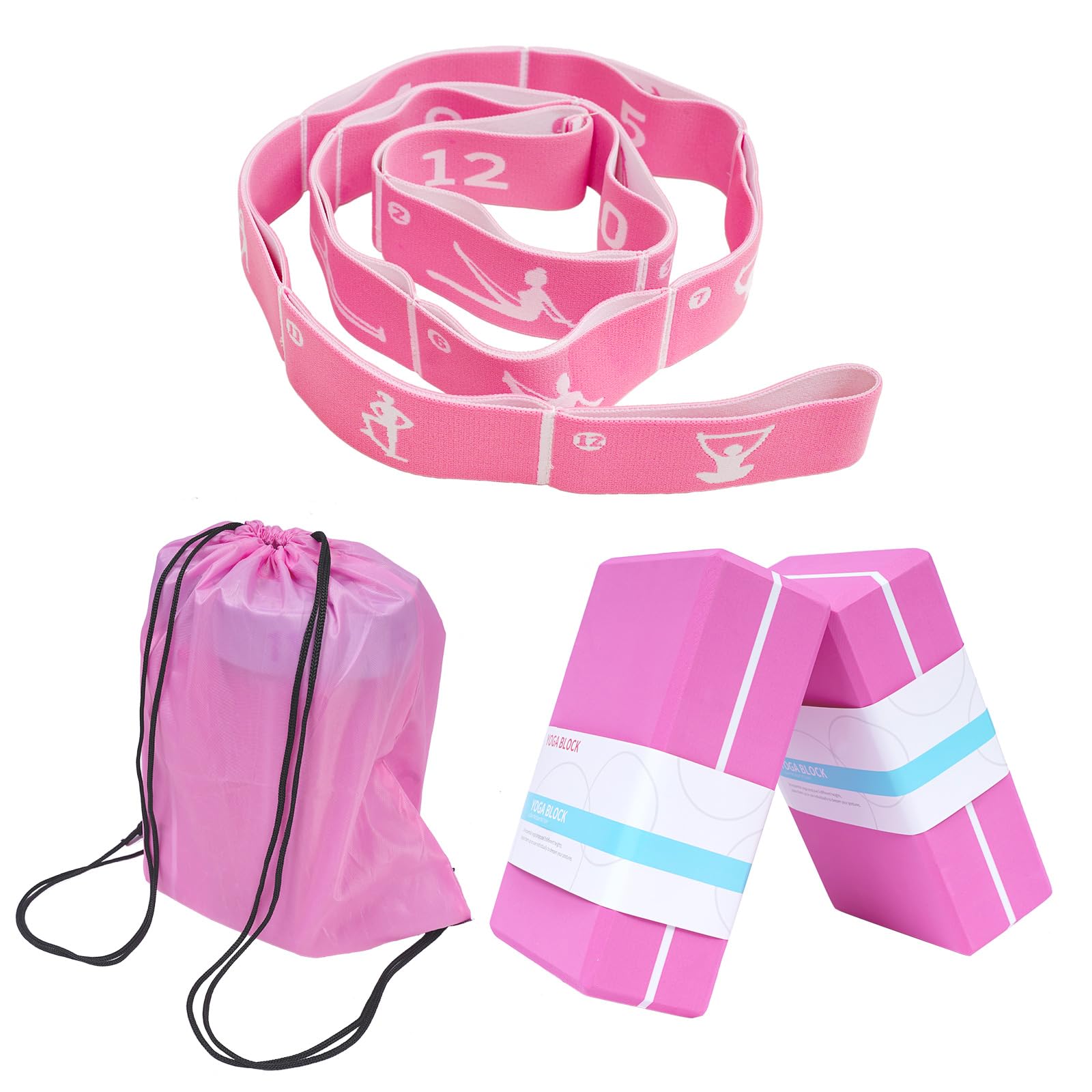 Blocchi da yoga con fascia elastica e borsa, blocchi per yoga in schiuma ad alta densità per stabilità, stretching profondo ed equilibrio, cinghia di resistenza a 12 anelli per yoga, pilates, danza e