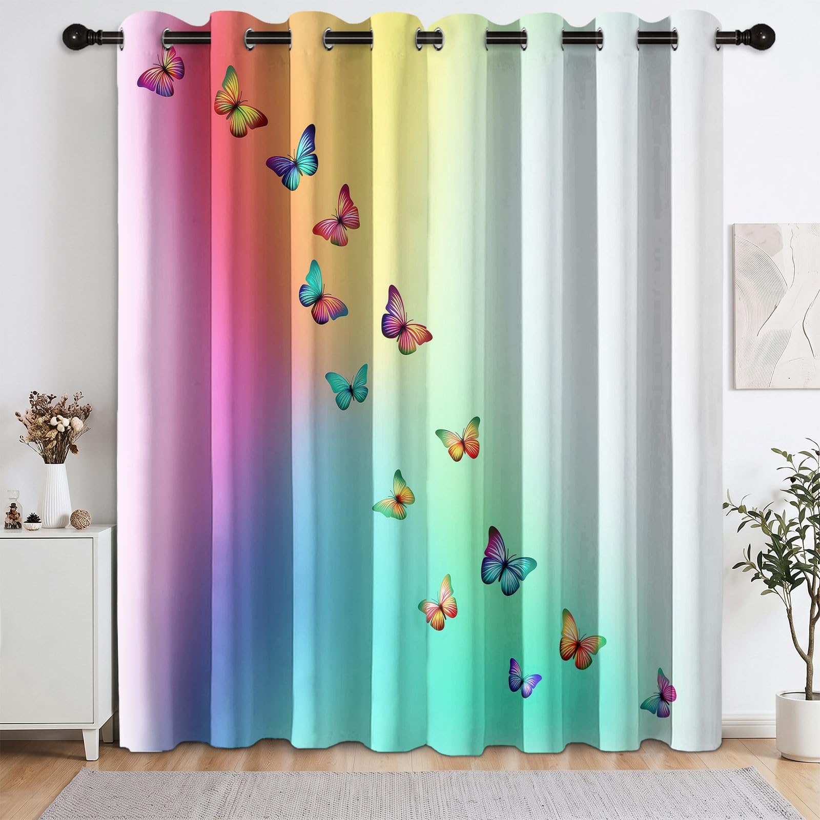Générique Rideau Dégradé Arc en Ciel, 100% Occultant Thermique Oeillets Lot de 2 140Lx180H cm, Rideaux Aquarelle Papillon Chambre Fille Occultant et Réduction du Bruit Thermique pour Salon et Chambre