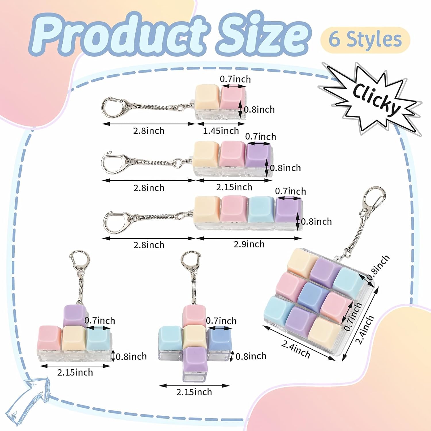 6 PCS Keyboard Fidget Toy, Keychain Keyboard Fidget Clicker - Creative Gift for Adults to Relieve Stress and Kill Time