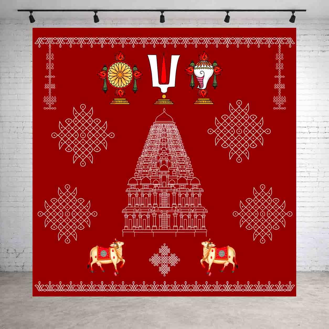 UL Red Hindu Temple Backdrop Cloth 8x8 ft – HD Printed Polyester Pooja Mandap Decoration Background with Curtain Rod Loop |-image-32