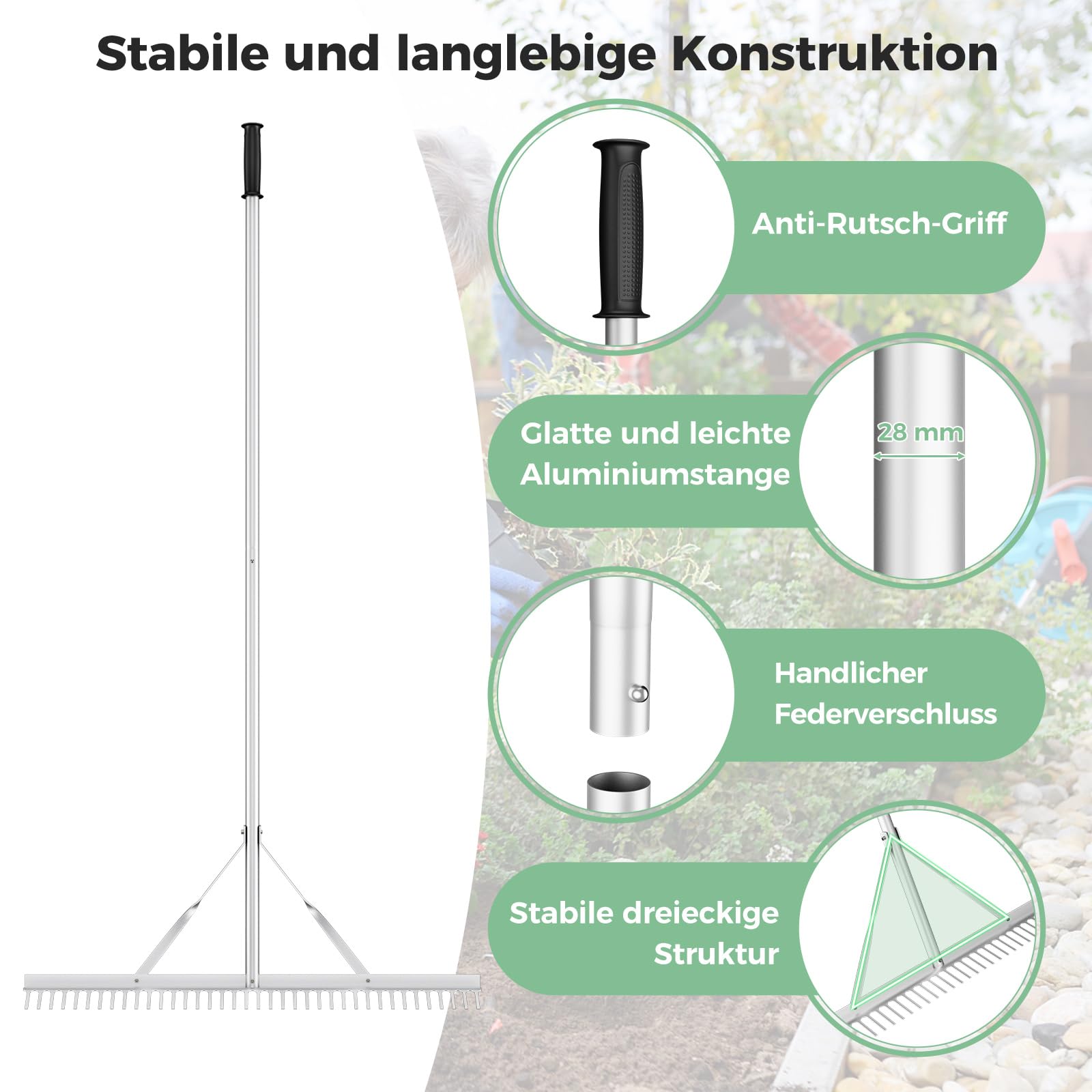 FANTASK Grabie z głowicą grabiącą o szerokości 91 cm i długim uchwytem, aluminiowa grabie ogrodowe z 36 zębami, miotła do liści, grabie do spulchniania gleby, pielęgnacja krajobrazu