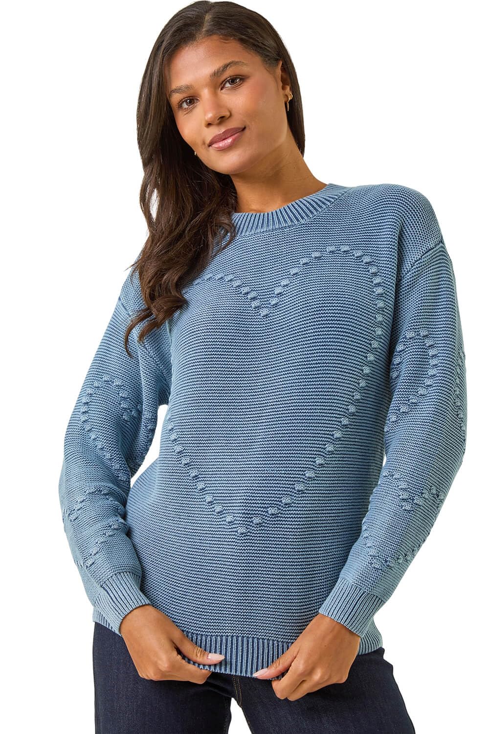 Roman Women's Heart Stitch Knit Jumper in Mid Blue | Size: 16