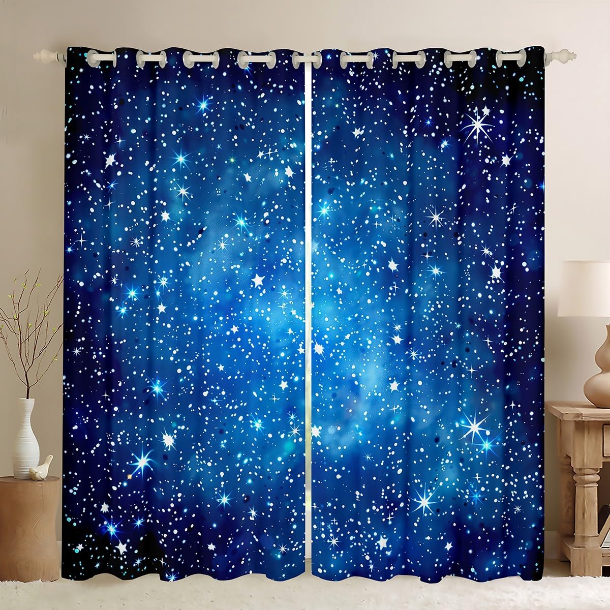 Galaxy Curtains 2 Panels - 52x63", 30-50% Blackout, 3D Printed Space Design, Blue Glitter, Kids Room
