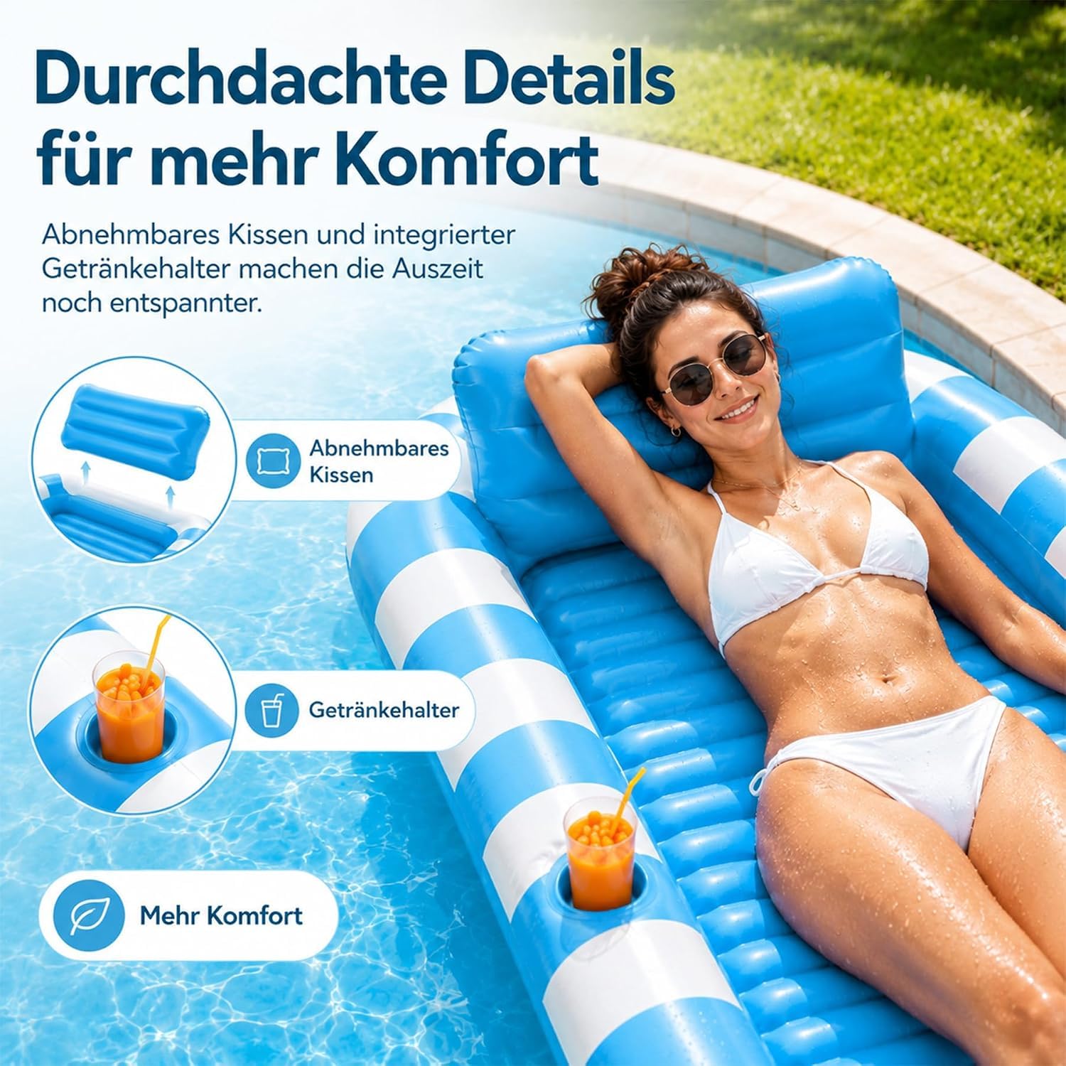 Aufblasbare Tanning Pool,Aufblasbarer Sonnenpool mit Getränkehalter,Aufblasbares Schwimmbett,Amphibisch Luftmatratze Wasser Erwachsene Geeignet für Schwimmbäder, Strände, Gärten