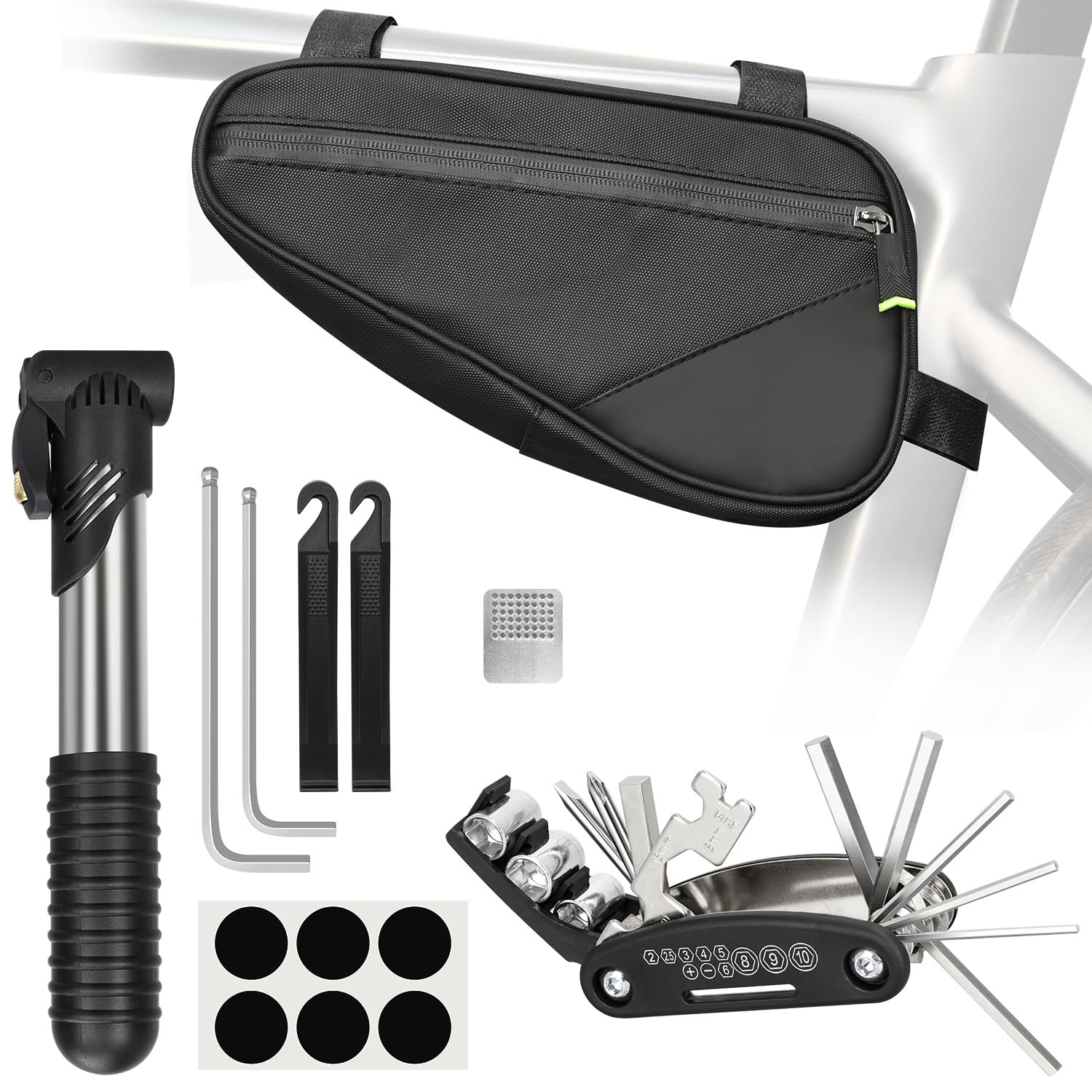 Bike Repair Kit, Bike Bag With Tire Pump, Bike Multitool, Allen Wrenches