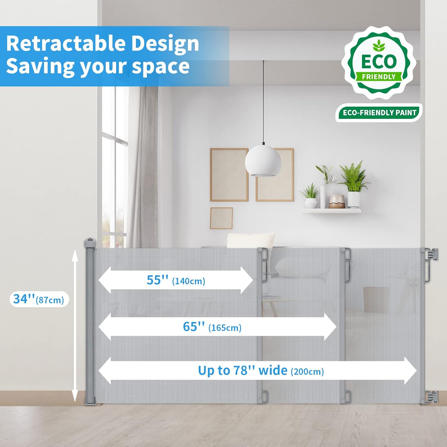78 Inch Extra Wide Retractable Baby Gate for Large Opening, Child Safety Indoor/Outdoor Retractable Mesh, 34" Tall for Doorways, Stairs, Hallways-Dinosaur