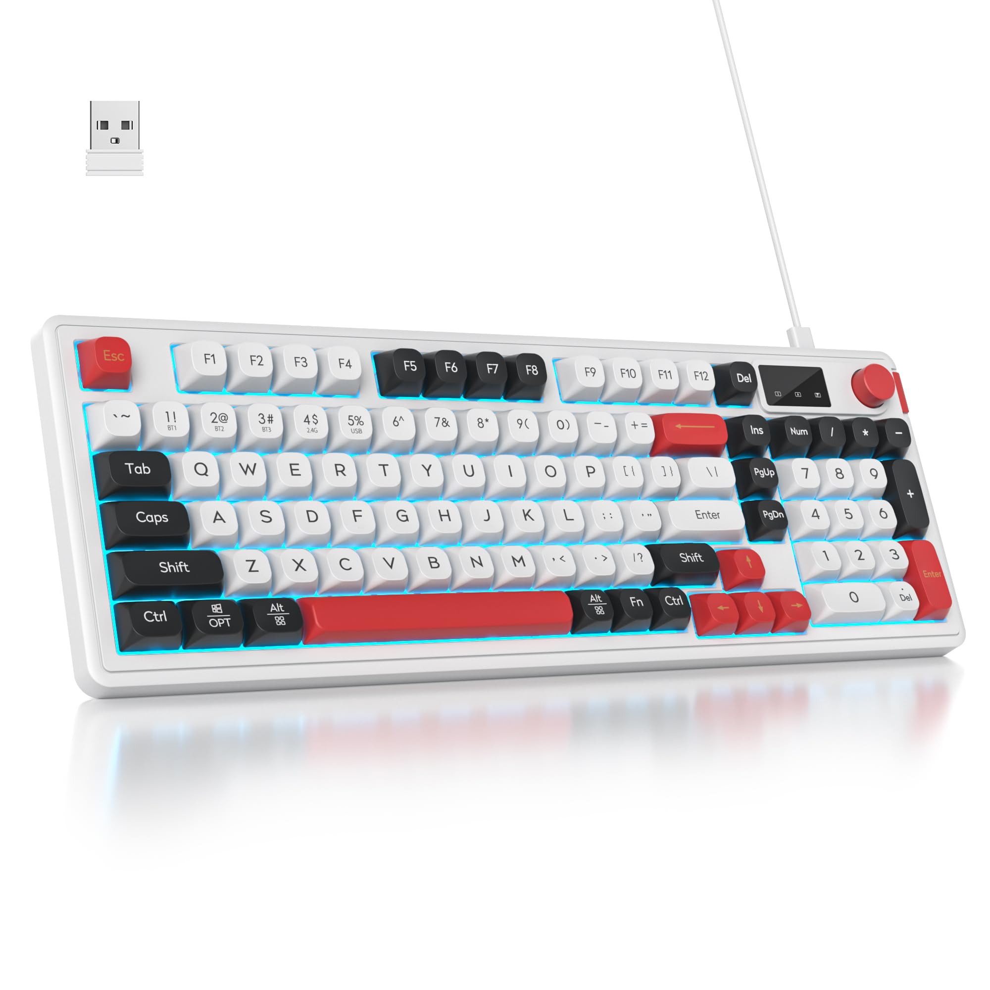 SOLIDEE 96% Tastiera membrana Wireless con Manopola,Wired/Bluetooth 5.0/2.8G,Struttura Gasket&Retroilluminazione RGB,Tastiera meccanica silenziosa,Tastiera Crema con Tastierino Numerico(White)