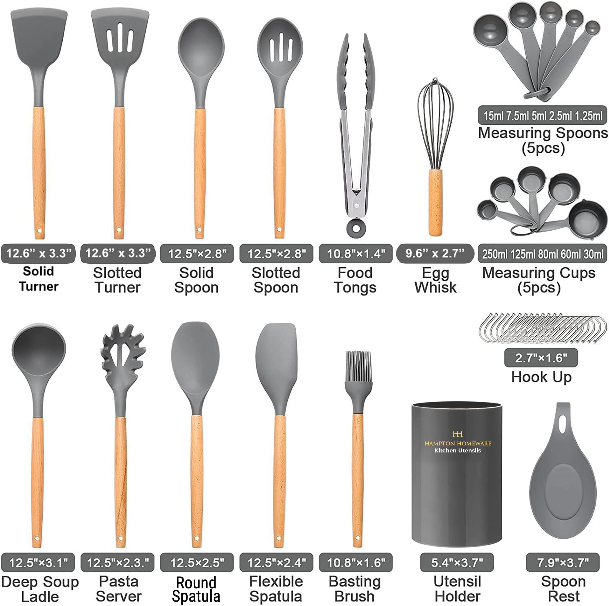 Juego de utensilios de cocina de 33 piezas antiadherentes de silicona con soporte, mango de madera, juego de utensilios de cocina de silicona (carbón)