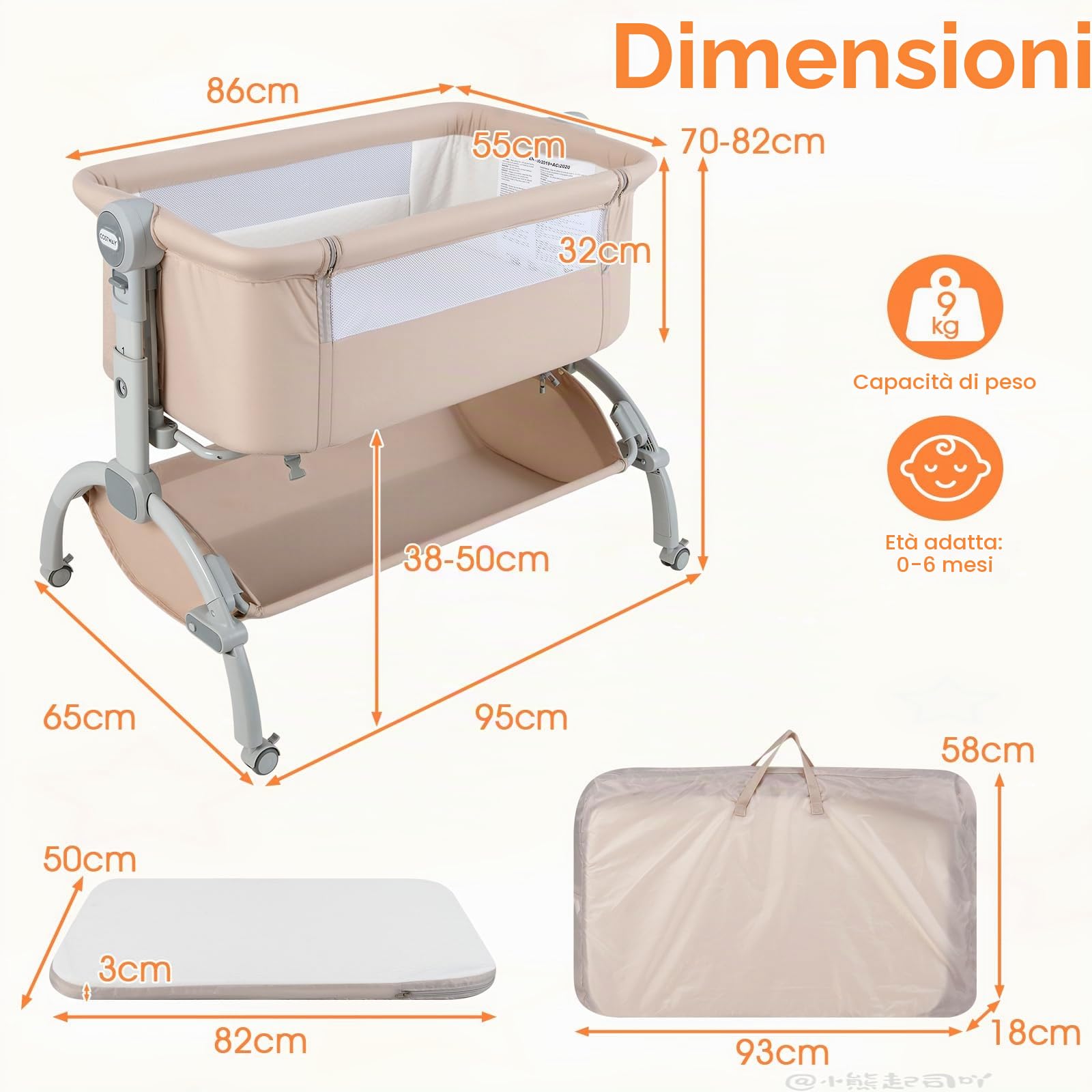 LIFEZEAL Cododo regolabile in 7 altezze, culla pieghevole con borsa portaoggetti, culla in tessuto Oxford con materasso e ruote universali, capacità 9 KG, 95x65x73,5-85,5 CM (beige)