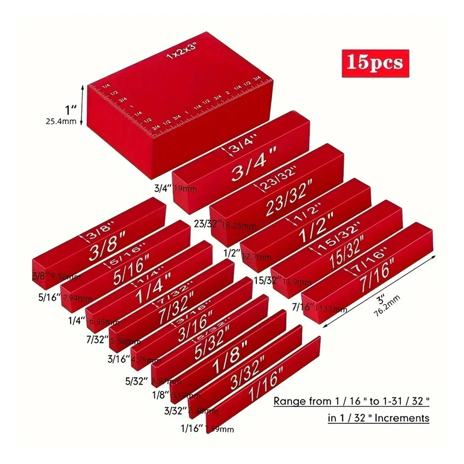 15-częściowy zestaw precyzyjnych aluminiowych bloków montażowych z miernikiem wysokości, do ustawiania elementów stolarskich na strugarkach i piłach stołowych Wysoka precyzja