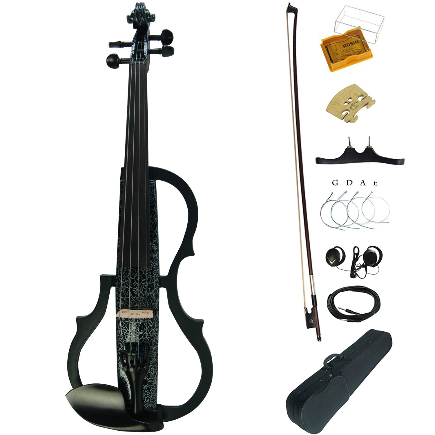 Aliyes legno elettrico completo per violino 4/4 Advanced intermedio elettrico silenzioso violino (Art fiori bianchi) (alkit-006), ALSDDS-1306