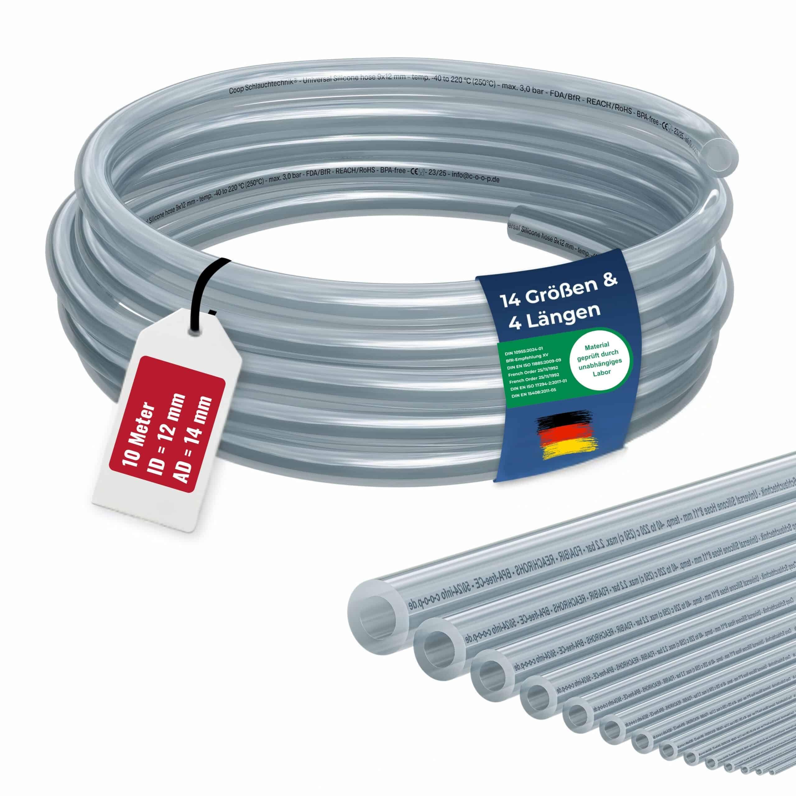Silikonschlauch 12mm Innen-Ø | 10 Meter | hohe Qualität | lebensmittelecht | geschmacksneutral |-40 bis 220 °C | ideal für Lebensmittel, Haushalt, Aquaristik, Labor, Industrie