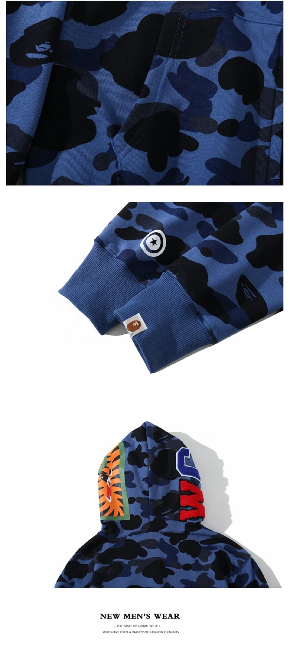 Hombres Shark Hoodie Hooded Sudaderas con Capucha con Cremallera Sudadera de Manga Larga con Estampado de Tiburón Shark Head Zipper Camuflaje Chaquetas Sweatshirt Hip Hop Tops S-5XL
