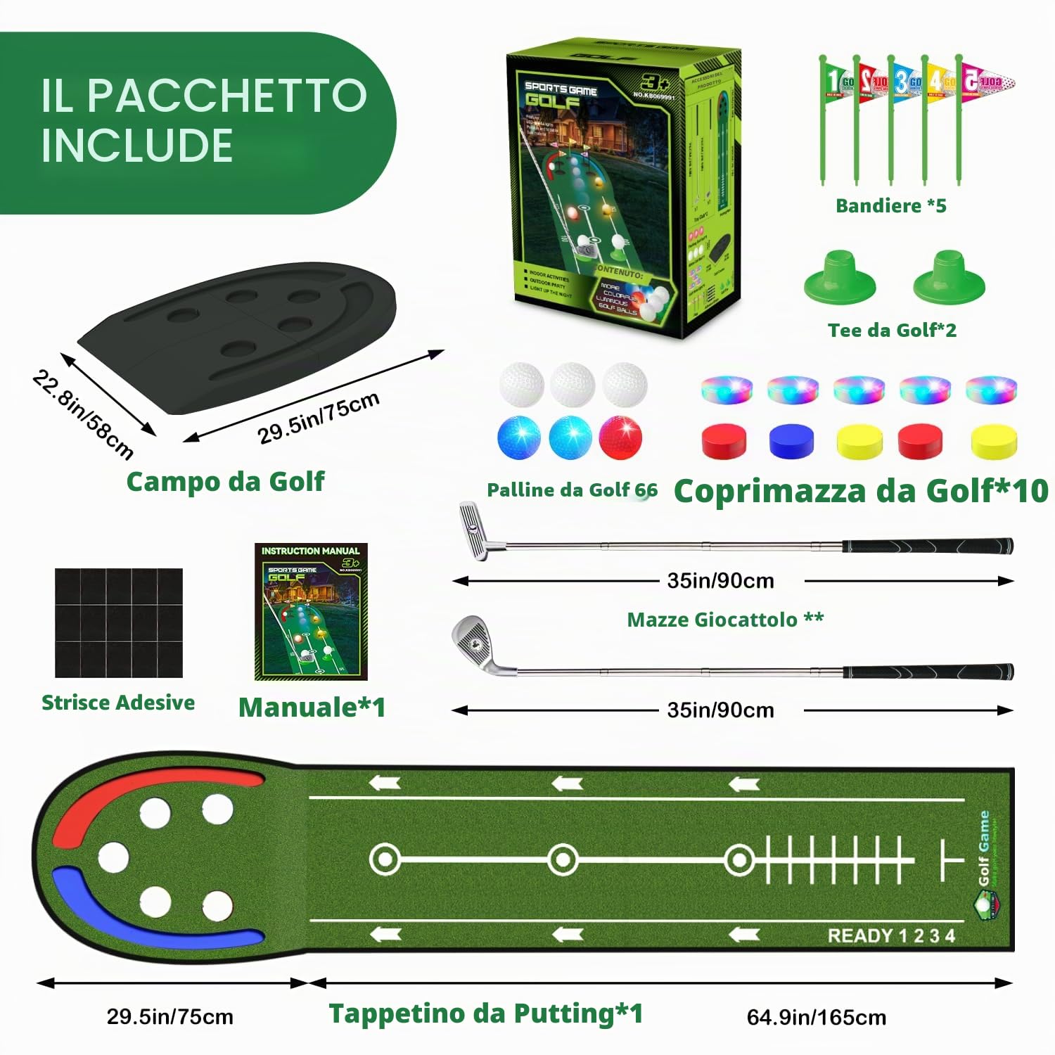 Vatos Golf Game Indoor-Tappetino da Golf per Bambini con Palline e buche a LED, Mazze da Golf, Divertimento al Chiuso e all'aperto per casa, Cortile, Ufficio, Regali per Bambini, Adolescenti e Adulti