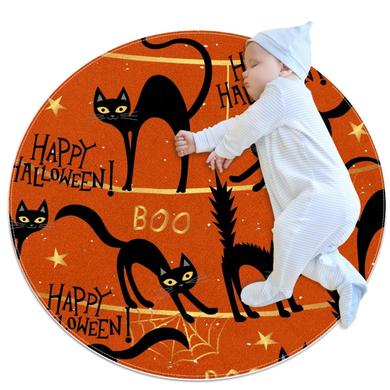 Tapis de sol Halloween chat noir antidérapant rond 1m pour chambre