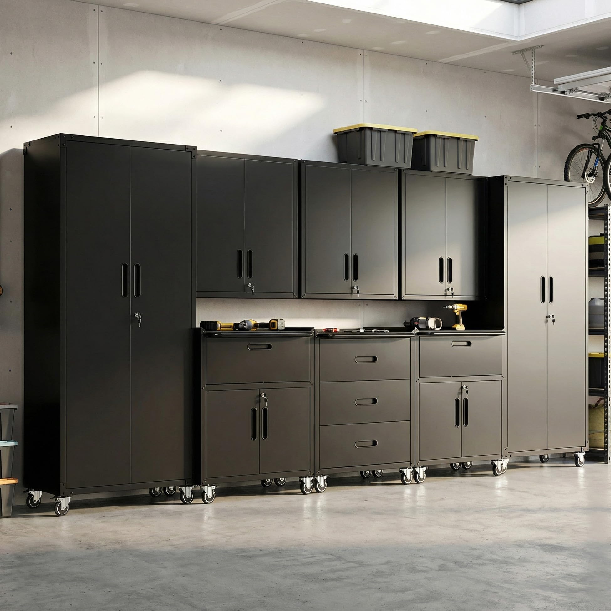 Garage Cabinet System | Heavy Duty Steel All-in-One Modular Garage Cabinet Set for Ultimate Workshop Organization | Easy Assembly Garage Storage Cabinets &amp; Tool Bench