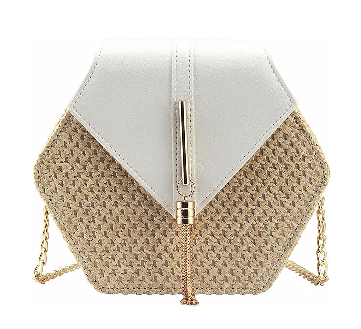 Innovera (LABEL) Innovera Crossbody Straw Bag Hexagon Shape Shoulder Sling Bag Handbag Summer Beach Vacation Clutch with tassels for Women Girls (White) Innovera (LABEL) Innovera Crossbody Straw Bag Hexagon Shape Shoulder Sling Bag Handbag Summer Beach Vacation Clutch with tassels for Women Girls (White)