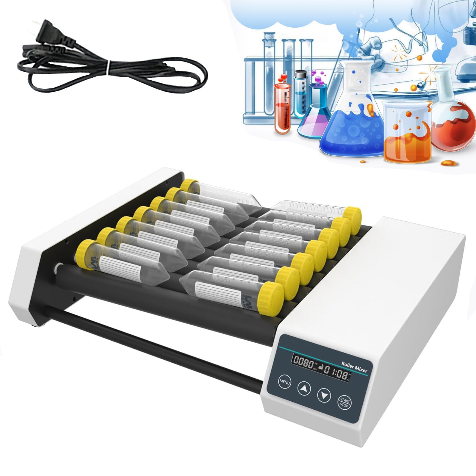 Agitador orbital digital y mezclador de rodillos con modos de balanceo y balanceo, motor sin escobillas, velocidad ajustable de 20-80 rpm, temporizador, capacidad para 10 o 14 tubos centrífugos de 50