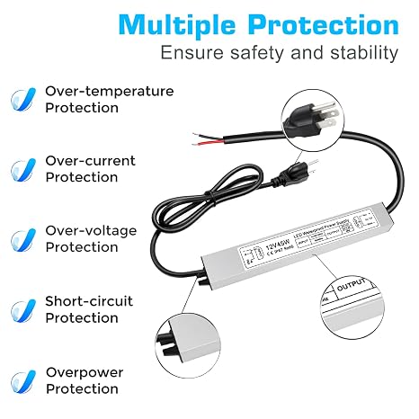 45W 12V Power Supply, AC 90-265V to DC 12 Volt 3.8A LED Power Supply, IP67 Waterproof LED Driver Low Voltage Transformer with 3-Prong Plug for LED Light, Computer Project, Outdoor Use
