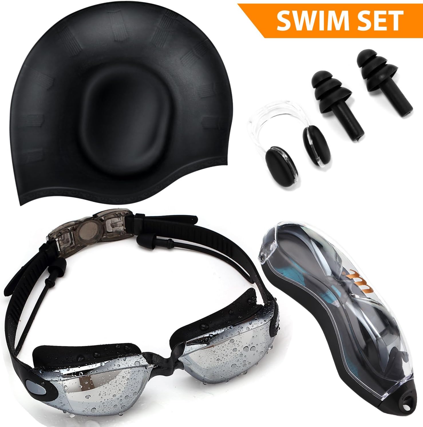 Swim Goggles [ Combo ] With Protective Case / Swim Cap With Ear Plugs And Nose Clip