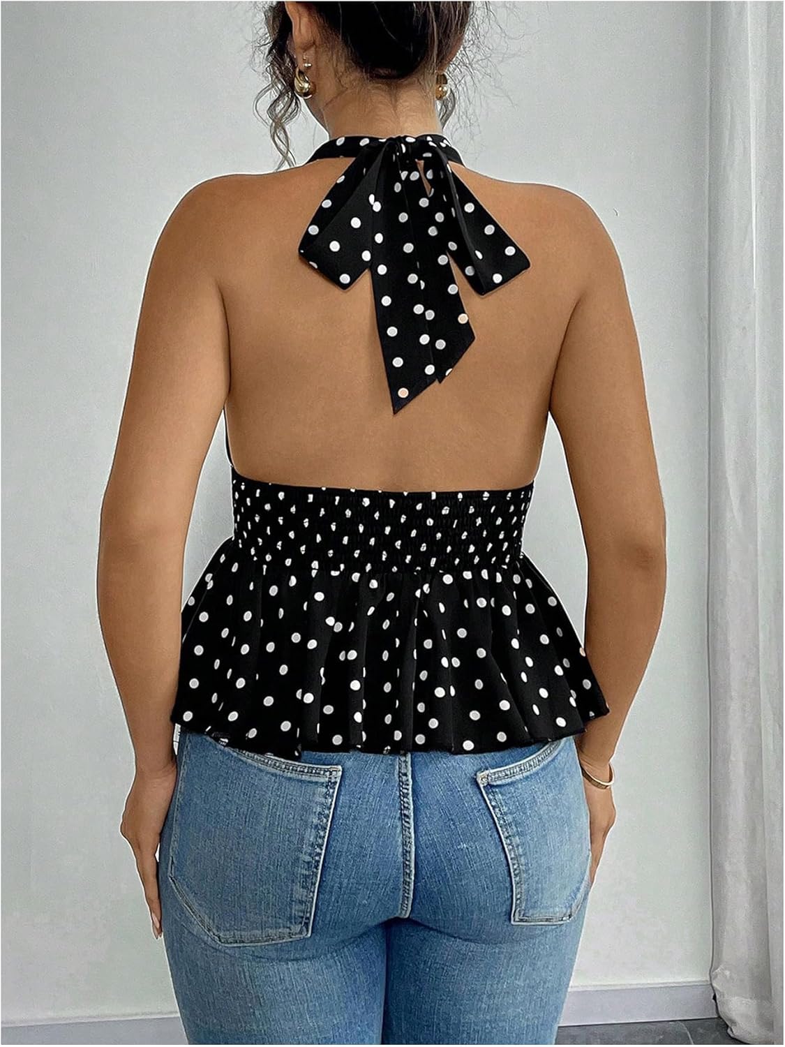 Verdusa Women's Plus Size Polka Dots Halter Top Summer Tie Back Backless Peplum Tops - Image 2