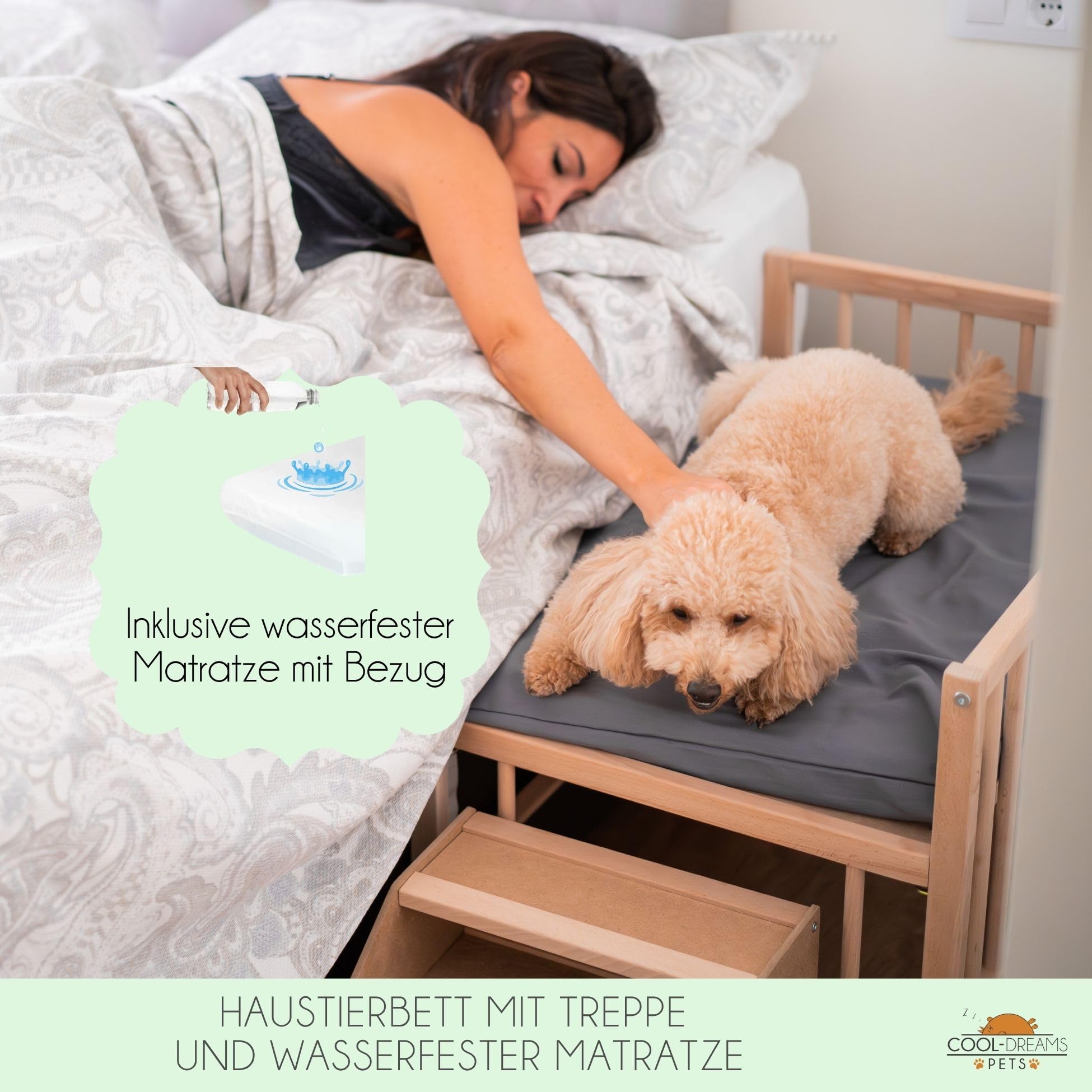 Bett für Hunde, Katzen, Haustiere, erhöhtes Bett aus Holz mit Einstiegsstufe, mit wasserdichter Schaumstoffmatratze + Bezug, Colecho mit Ihrem Tier, 2 Höhen, Faunatic CoolDreams